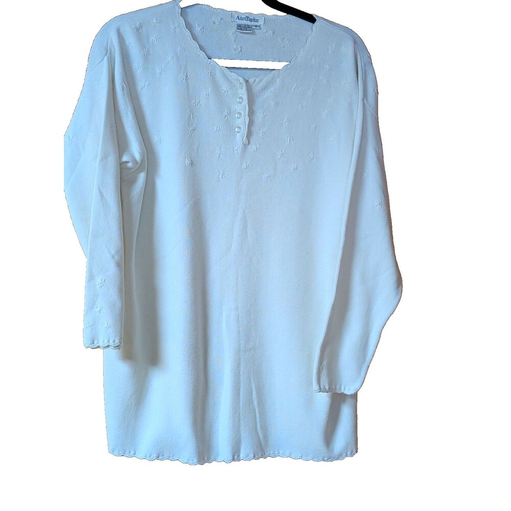 Ann Taylor Women's White Cotton Knit V-Neck Embroidered Pullover Sweater S